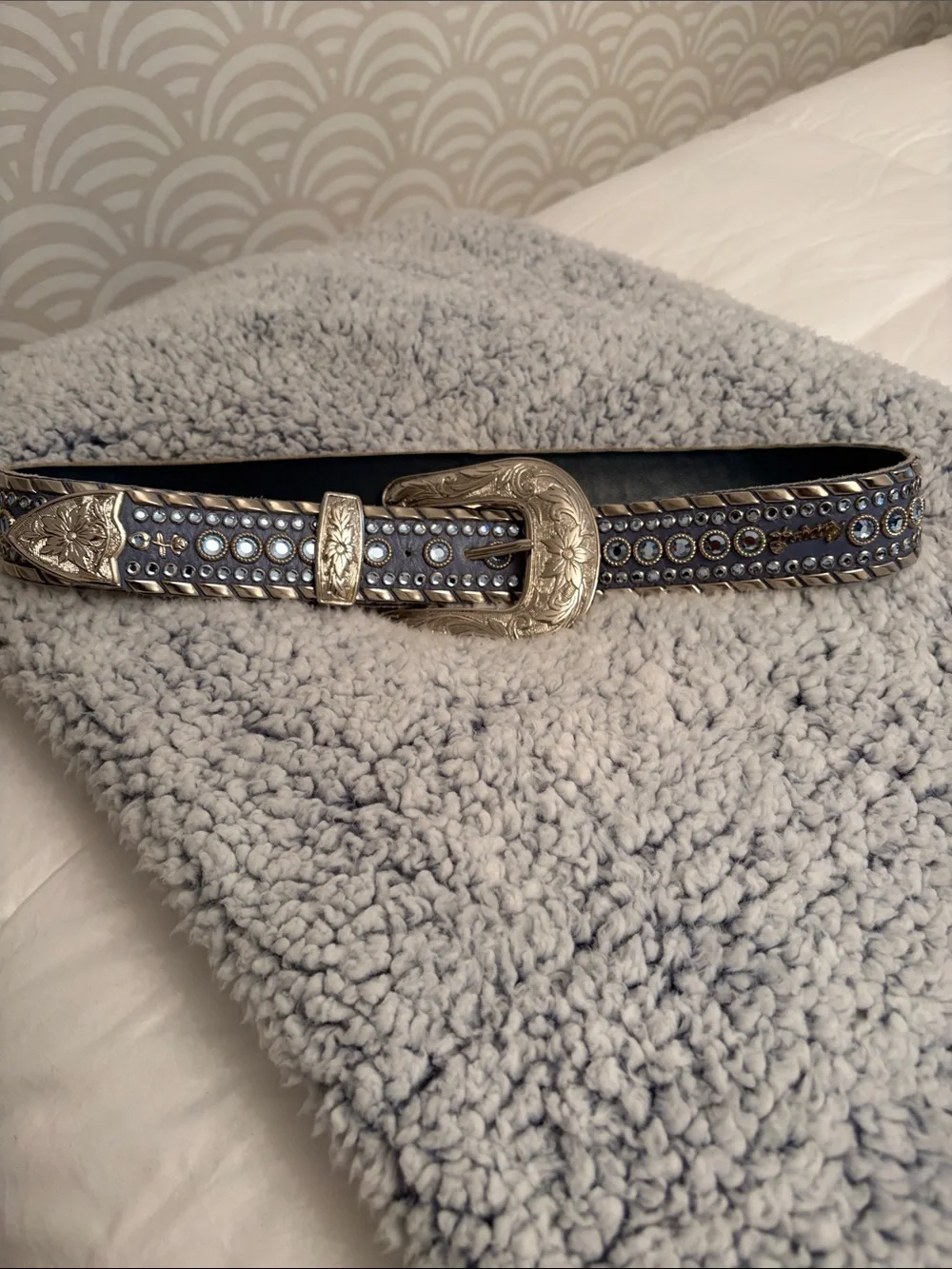 Embellished Black Leather Western Belt with Silver Buckle
